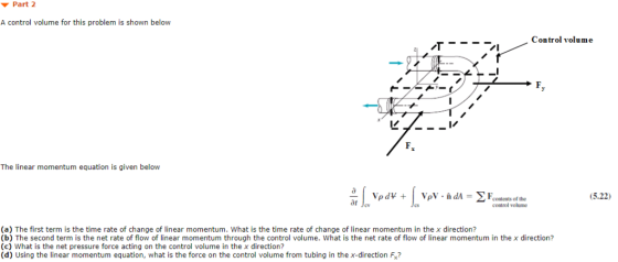 ▼ Part 2 A control volume for this problem is shown below Control volume F. The linear momentum equation is given below 5.22)