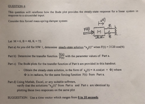 QUESTION 4 This question will reinforce how the Bode plot provides the steady-state response for a linear system in response