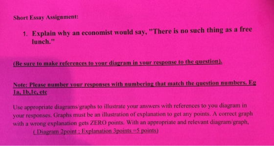 Short Essay Assignment: 1. Explain why lunch. an economist would say, There is no such thing as a free (Be sure to make ref