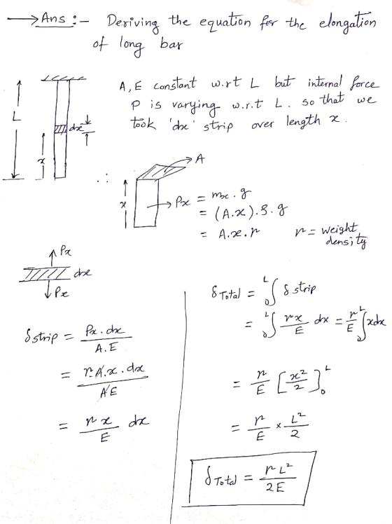 -Ans: equation for the edongation Destving ot long bar the internal farce that A, E Constant w.rt L but we P is 5 0 took de