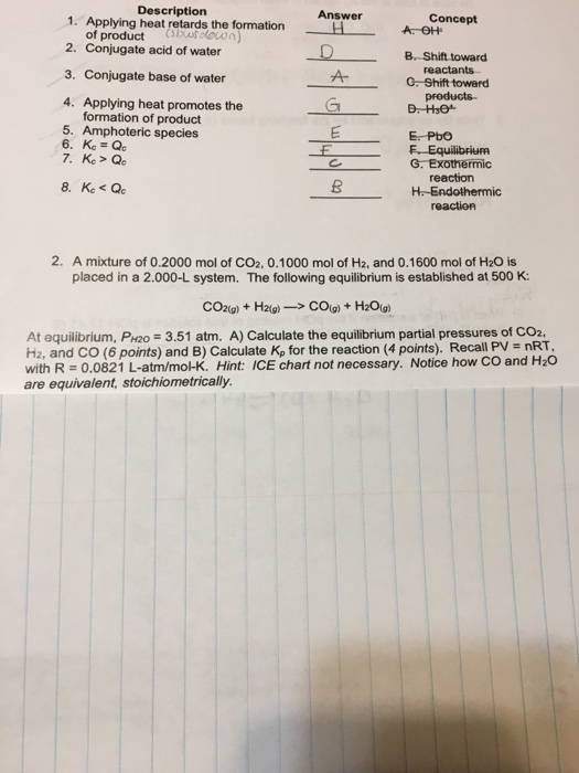 Description Answer 1. Applying heat retardsthe formation . H Concept A H of product 2. Conjugate acid of water 3. Conjugate b