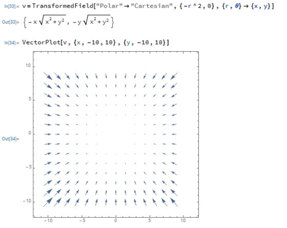 In 3]= v= Transformed Field[ PolarCartesian, {-r^2,o} , {r, e} -» {x, y}] -xey, Out[33] -y In[34= VectorPlot[v, {x, -10,