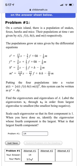 5:17 childsmath.ca on the answer sheet below. Problem #1: On a certain island, there is a population of snakes foxes, hawks a