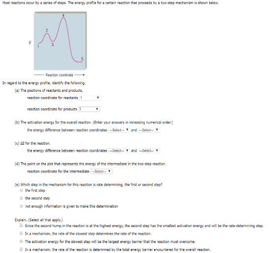 Most reactions occur by a series of steps. The energy profile for a certain reaction that proceeds by a two-step mechanism is