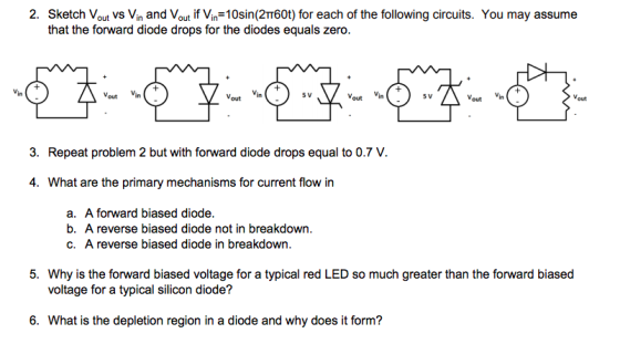 2. Sketch Vout VS Vin and Vout if Vin-10sin(2TT60t) for each of the following circuits. You may assume that the forward diode
