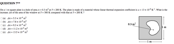 QUESTION 7** On a 1 m square plate is a hole of area A 0.3 m2 at T: 200 K The plate is made of a material whose linear therma