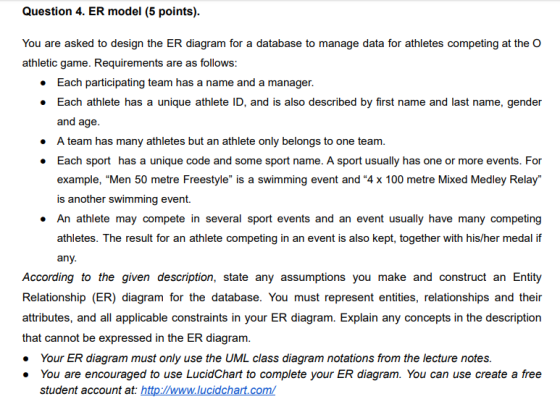Question 4. ER model (5 points). You are asked to design the ER diagram for a database to manage data for athletes athletic g
