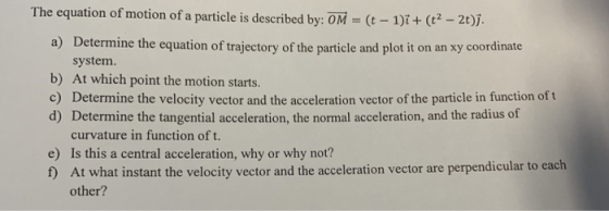 The equation of motion of a particle is described by: OM t-1+(2)1 Determine the equation of trajectory of the particle and pl