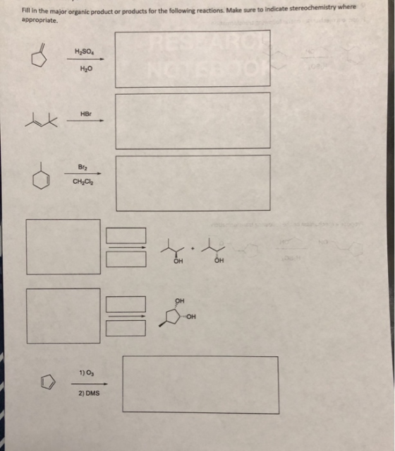Fill in the major organic product or products for the following reactions. Make sure to indicate stereochemistry where approp