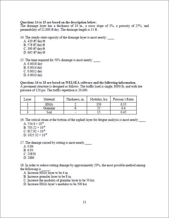 Questions 14 to 15 are based on the description below: The drainage layer has a thickness of 10 m., a cross slope of 3%, a po