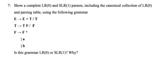 7- Show a complete LR(0) and SLR(1) parsers, including the canonical collection of LR(0) and parsing table, using the followi
