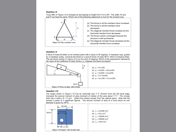 Question .8 Truss ABC in Figure I.8 is changed by decreasing its height from H to 0.9H The width, W and load P are kept the s