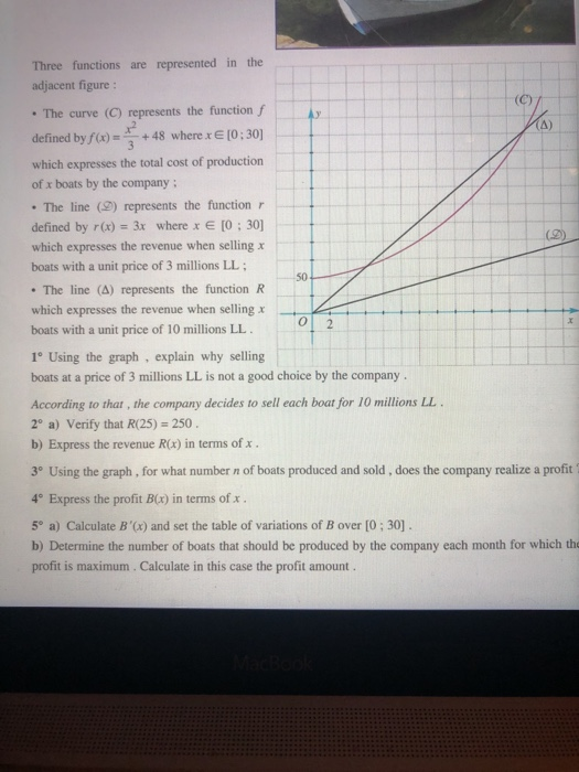 Three functions are represented in the adjacent figure: . The curve (C) represents the function J A) where x E [0:30] defined