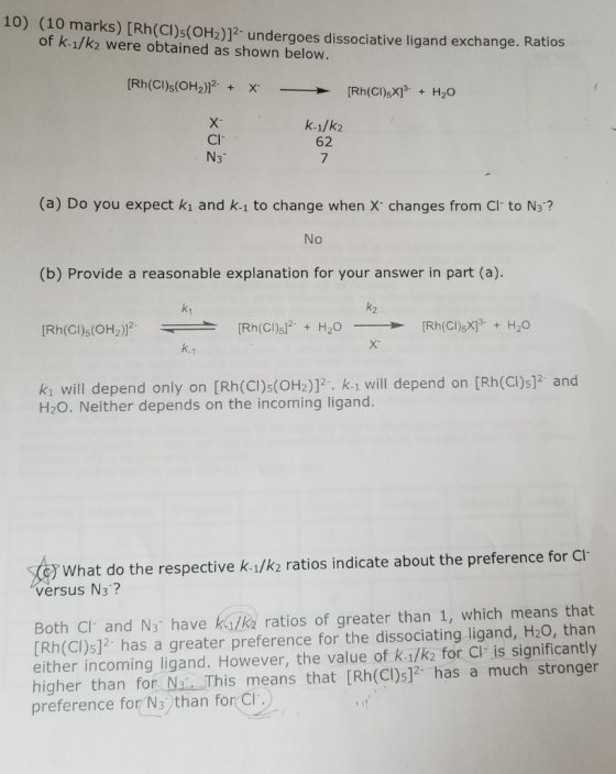 10) (10 marks) [Rh(ClI)s(OH2)]2- undergoes dissociative ligand exchange. Ratios of k-1/k2 were obtained as shown below. [Rh(C