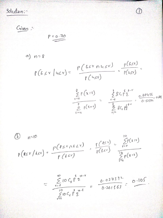 Soludton: Given PEOT0 a) n-8 (6ucY)P(6eY nusv rCuex) P(uev &-Y o.88456 O 52304 YEG n-lo 0.02731L 6.26163