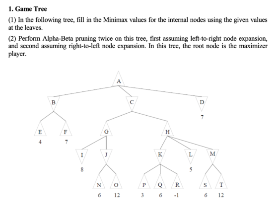 1. Game Tree (1) In the following tree, fill in the Minimax values for the internal nodes using the given values at the leave