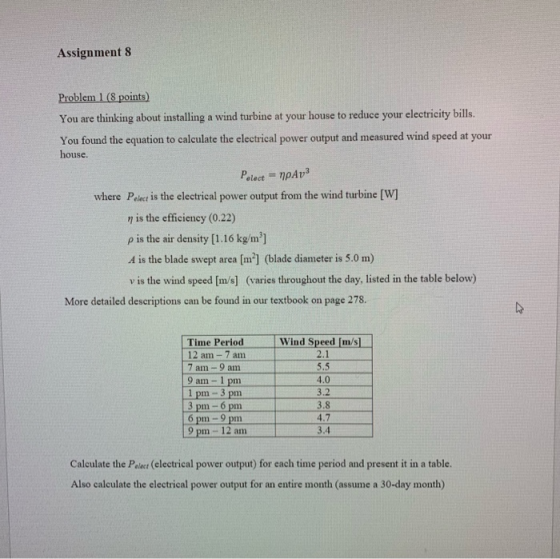 Assignment 8 Problem 1 (8 points) wind turbine at your house to reduce your electricity bills. thinking about installing You