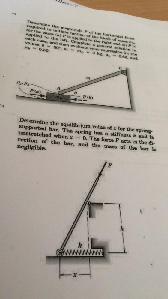 P3 Determine the magnitude P of the horizontal force required to initiate motion of the block of mass mo for the cases (a) P