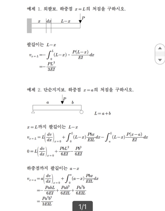 예제 1, 외팔보, 하중점 x=L의 처짐을 구하시오 팔길이는 L-x P(L-a) PL 3EI 예제 2, 단순지지보. 하중점 x=a의 처짐을 구하시오. L=a+b x=L까지 팔길이는 L-x EIL に0 dr 하중점까지 팔길이는