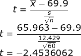 X 69.9 t = S 65.963 69.9 t = 12.429 V60 t = -2,4536062