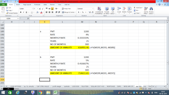 PV, EV, ANNUITY (Autosa File Home Insert Page Layout Formulas Data Review View Add-Ins - Cut AutoSum General A A Wrap Text Ca