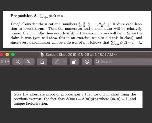 Proposition 8. Σdno(d)= n. Proof. Consider the n rational numbers 1, 2, ,. Reduce each frac- tion to lowest terms. Then the n