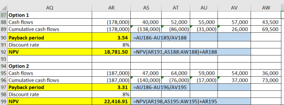 AR AS AU AQ AT AV AW |87 Option 1 88 Cash flows 89 Cumulative cash flows (178,000) (178,000) 52,000 57,000 40,000 55,000 43,5