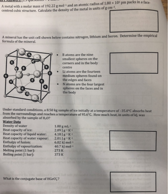 A metal with a molar mass of 192.22 g mol-1 and an atomic radius of 1.80 x 102 pm packs in a face centred cubic structure. Ca