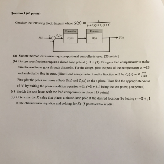 Question 1 (60 points) Consider the following block diagram where G(s)- Controller R(s) G(s) (a) Sketch the root locus assumi