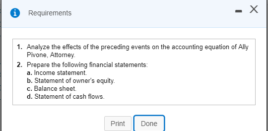 Requirements 1 1. Analyze the effects of the preceding events on the accounting equation of Ally Pivone, Attorney. 2. Prepare