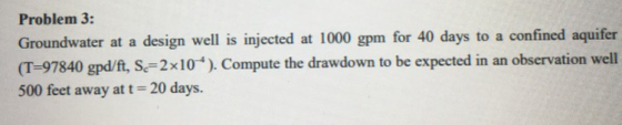 Problem 3: Groundwater at a design well is injected at 1000 gpm for 40 days to a confined aquifer (T-97840 gpd/ft, Se-2x10).