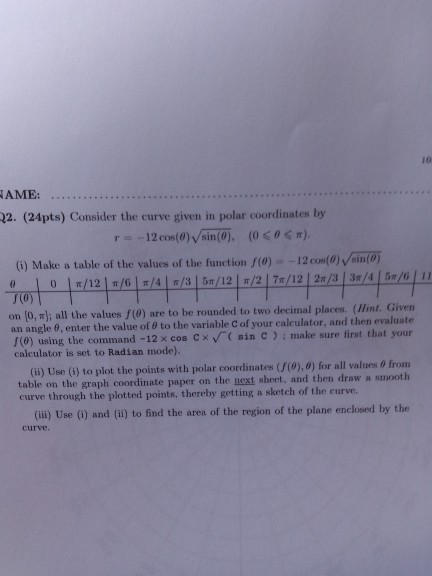 AME: 2. (24pts) Consider the curve given in polar coordinates by r-12 cos(0) Vsin(0), (0 0 < #). (i) Make a table of the valu