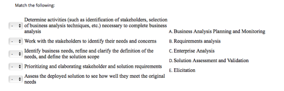 Match the following Determine activities (such as identification of stakeholders, selection of business analysis techniques,