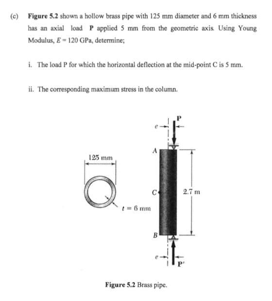 Figure 5.2 shown a hollow brass pipe with 125 mm diameter and 6 mm thickness (c) has an axial load P applied 5 mm from the ge