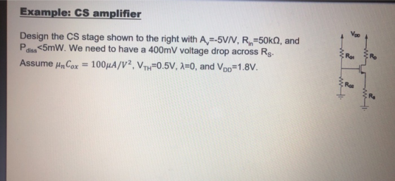 Example: CS amplifier Design the CS stage shown to the right with A-SVN, Rin-50㏀, and P diss 5mW. We need to have a 400mV vol