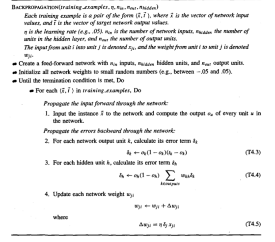 BACKPROPAGATION(training examples, η, nin , nout , n hidden) Each training example is a pair of the form (i,i ), where i is t