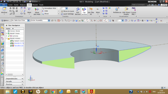 1つ File Curve Home Analysis SIEMENS X a CommandaE 週window NX 9 - Modeling [2.prt (Modified) ] Immediate Hide PNG DLA 」D O Mor