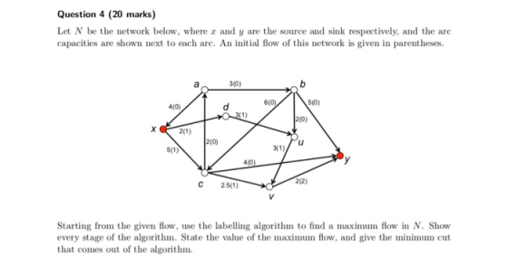 Question 4 (20 marks) Let N be the network below, where ax and y are the source and sink respectively, and the arc S capaciti