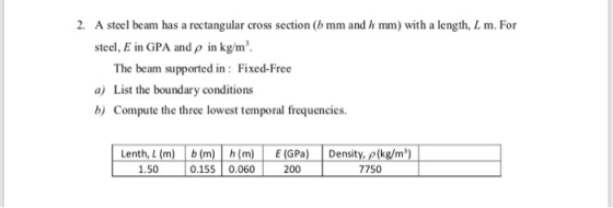 2. A steel beam has a rectangular cross section (b mm and h mm) with a length, L m. For steel, E in GPA andp in kg/m The beam