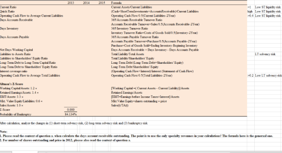 2013 2014 2015 Formula Current Ratio Quick Ratio Operating Cash Flow to Average Current Liabilities Days Accounts Receivable