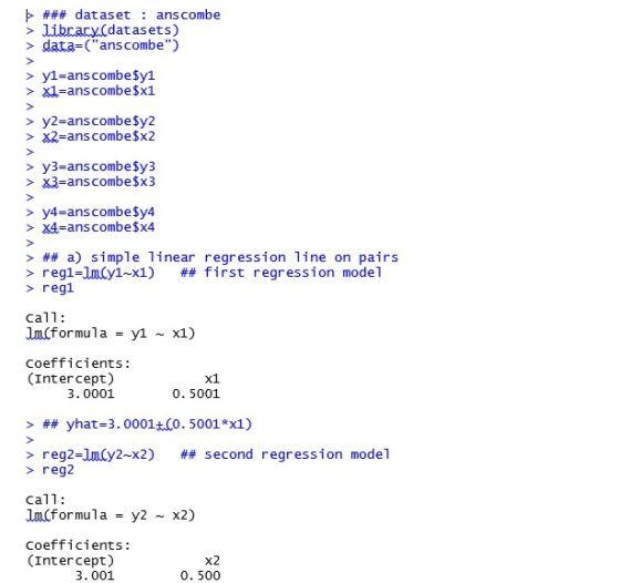 ### dataset : ans combe » librar.(datasets) > data-anscombe) > yl-anscombeSy1 x1-anscombe$x1 > y2-anscombeSy2 x2-anscombex2