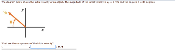 The diagram below shows the initial velocity of an object. The magnitude of the initial velocity is vo 5 m/s and the angle is
