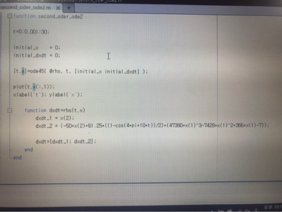 second-oder-ode2.m x 曱function, second-oder-ode2 t=0:0.001 :30; initial-× = 0; in i t i al-dxdt 0; lt,影=ode45( @rhs, t. [init
