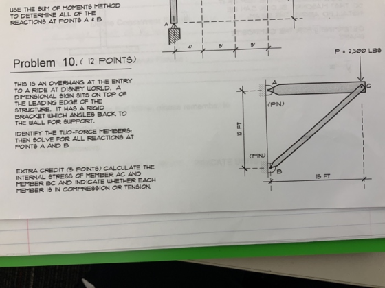 uSE THE SUM OF MOMENTS METHOD TO DETERMINE ALL OF THE REACTIONS AT POINTS A B 10. 12 POINTS) P 2300 LBS Problem THIS 1IS AN O