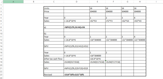 16 16 16 16 Units 304000 304000 Price 4 ear -H2 H3 -G2 G3 -14.8 10A6 Sales -NPV(12%,E6:H6)+D6 10 Year 16 304000 -21 30400021