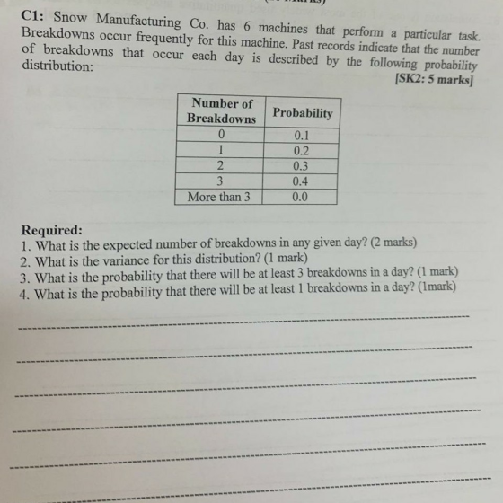 C1: Snow Manufacturing Co. has 6 machines that perform a particular task. Breakdowns occur frequently for this machine. Past
