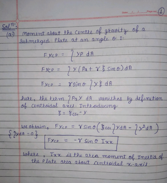 Pago no: Daba: Seln (a) memimt abeut the Cemtre of grarity of Subrrrged Plate at am angle yp dA EYCP 7YPat YSine)dA EYCP= Ys