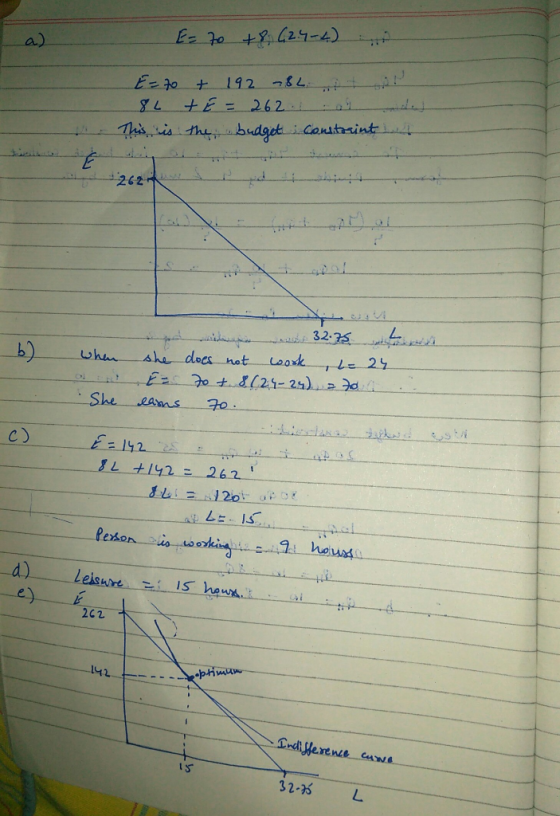 a) ヒニo ナ192 つ84- ナE= 262.. budget Constarint Ths is thy 262 32.35 she does not Looxk LE24 She eams ot C a142 25 2517 7& &L =2
