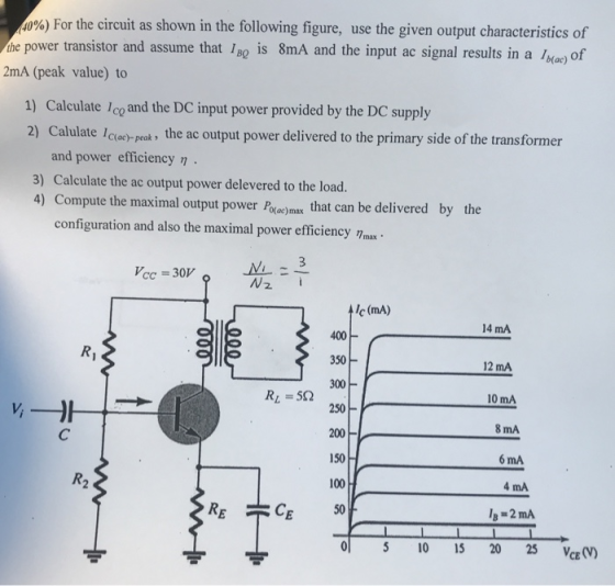 %) For the circuit as shown in the following figure, use the given output characteristics of the power transistor and assume