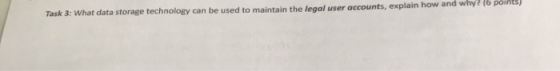 Task 3: What data storage technology can be used to maintain the legal user accounts, explain how and why9 16 pointS